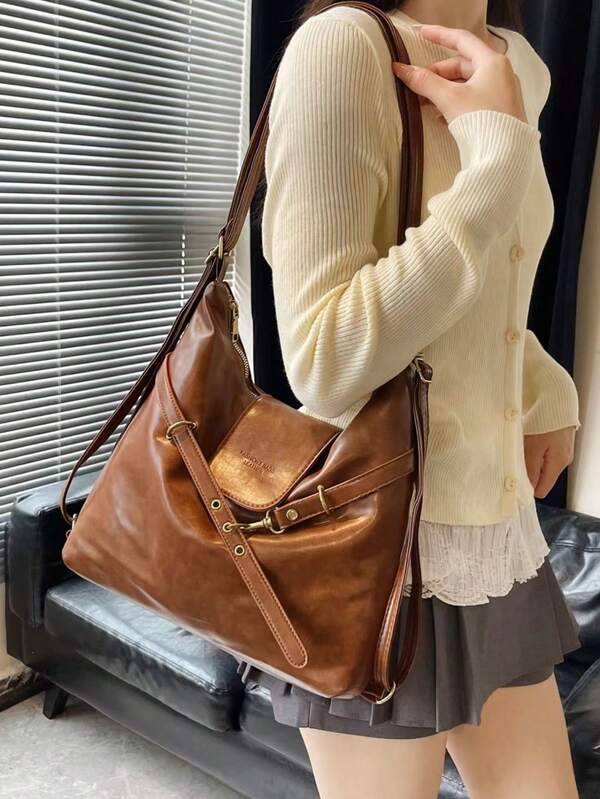 Bolsa vintage - Minimalista e moderna - Alça ajustável de grande capacidade - Uso triplo: ombro, transversal, mochila - Zíper e fecho magnético - Adequada para deslocamento diário, compras, passeios, viagens, bolsa versátil de ombro/transversal