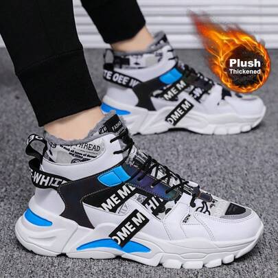 2025 New Winter Fleece Thickened High-Top Boots Men's Shoes Warm Two Cotton Shoes Teenagers Sports Leisure Dad Shoes