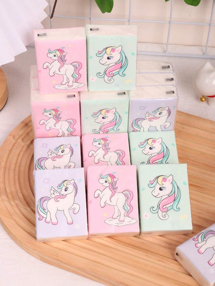 Serviettes en papier à motif d'ours blanc mignon, mouchoirs en papier portables et adorables en mini format, 3/6/9/18 paquets, emballage à motif de poney arc-en-ciel