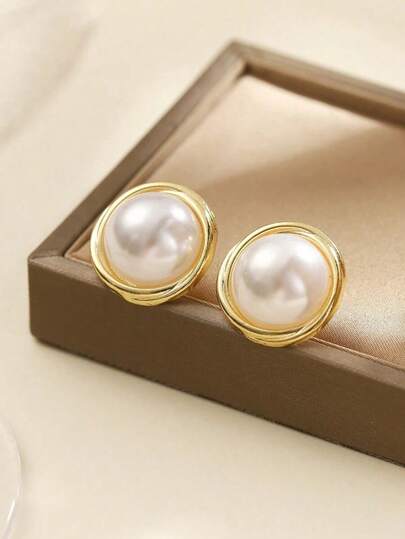 1pair Bohemian Luxurious & Elegant Pearls Fashionable Earrings With Cold-Toned Design