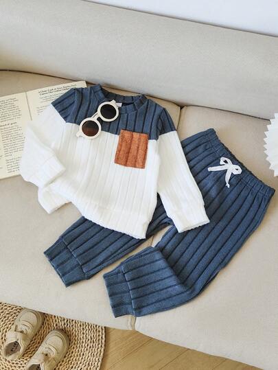 2 件套男婴毛衣套装，拼色套头衫和休闲裤，秋冬