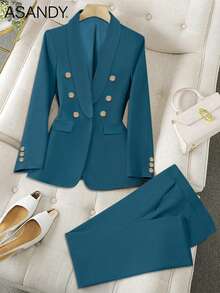 Bộ vest nữ màu trơn - Áo blazer hai hàng cúc và quần ống đứng, trang phục công sở chuyên nghiệp. - Màu xanh hải quân - Xem 1
