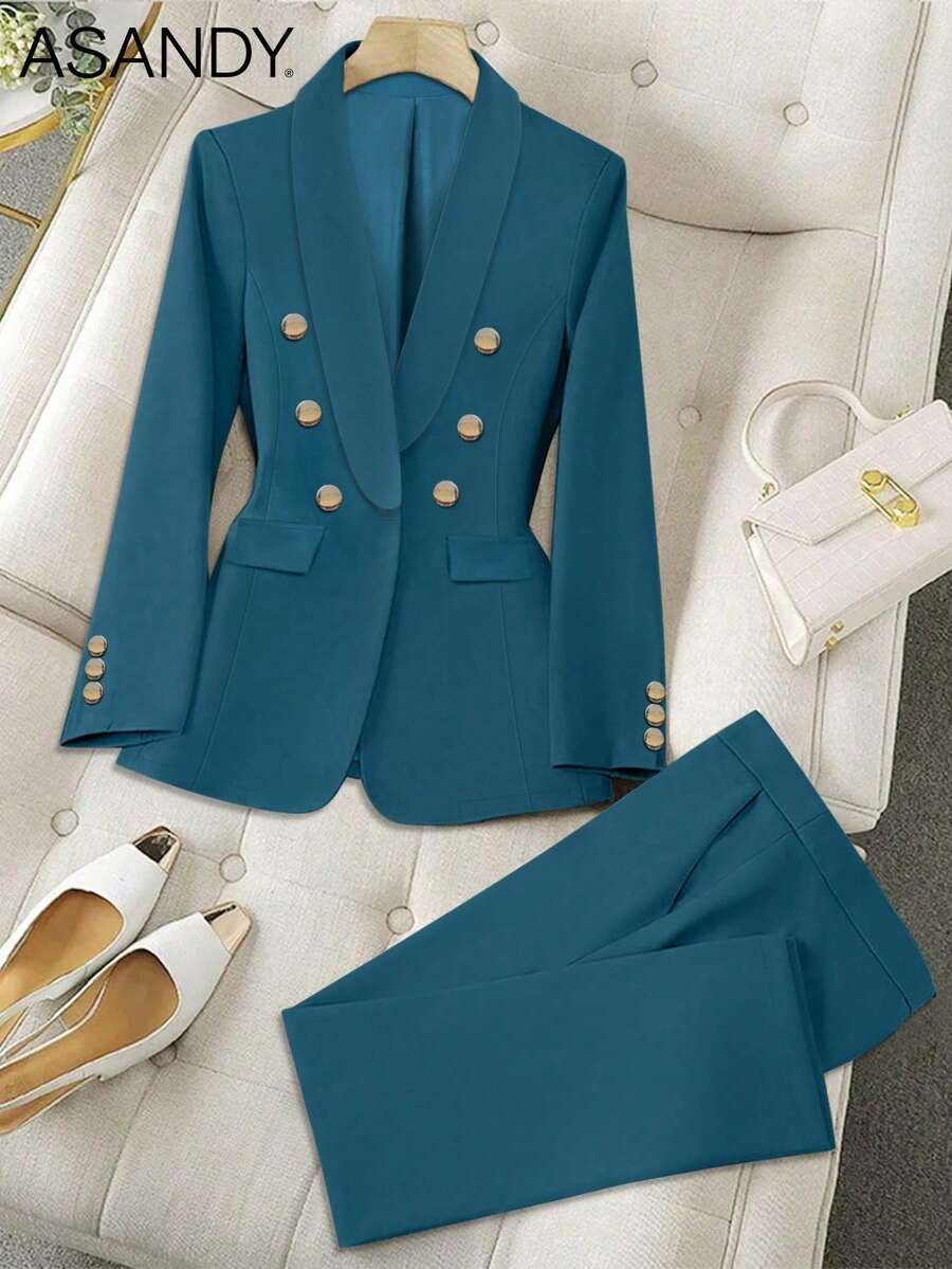 Bộ vest nữ màu trơn - Áo blazer hai hàng cúc và quần ống đứng, trang phục công sở chuyên nghiệp. - Màu xanh hải quân - Xem 1