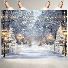 1 Toile de fond de conte de fées d'hiver, scène de forêt enneigée en polyester, décoration murale polyvalente pour les fêtes, sans électricité, convient pour la décoration extérieure et les fêtes.