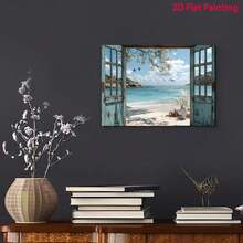 1 Pc Canvas Painting, Outside The Window Is The Ocean. , Wooden Framed Art,High Quality ,Thickness 2.25cm/1inch  Wall Art Prints Poster Direct Hanging Decor For Home Gifts,Living Room, Bathroom, Bedroom, Kitchen,Bar,Office - Màu xanh lam - Xem 3