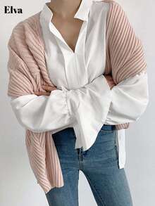 Elva Solid Color Chiffon V-Neck Long Sleeved Trumpet Sleeve White Loose Casual Daily Office Korean Version Fall Women Clothes Casual Outgoing Vacation Office Commuting Christmas Button Up Women's Shirt