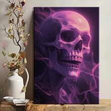 1 pieza Póster de arte de pared con cráneo gótico místico morado - Impresión en lienzo con marco de madera de tonos violeta y morado profundo, decoración gótica moderna para sala de estar, baño, regalos de Halloween y días festivos - Pintura contemporánea de cráneo etéreo, instalación de gancho fácil, decoración, diseño geométrico, obra de arte, decoración de dormitorio y accesorios, decoración del hogar y accesorios, decoración de pared, 2D plano, enmarcado, lienzo envuelto, pintura decorativa lista para colgar