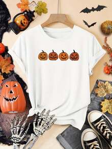 Magliette da donna,Four Pumpkin Face Print Fashion Retro Women's Summer Casual Sporty Round Neck Short Sleeve T-Shirt for Halloween