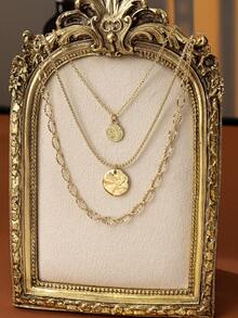 3pcs Vintage Multilayer Engraved Chain Necklace, Elegant Geometric Pendant Necklace Set