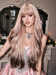 Parrucca lunga riccio da 28 pollici, colore rosa, marrone, rame, rosso rame per donna, parrucca soffice con frangia, parrucca sintetica per feste e uso quotidiano