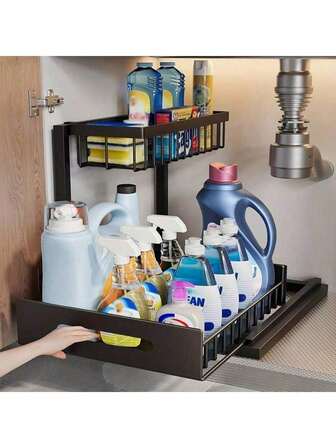 2-Tier Pull-Out Under Sink Organizer With Sliding Drawer - Multi-Purpose Kitchen & Bathroom Storage Solution, Black Under Sink Organizers And Storage Kitchen Sink Organizer