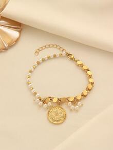 1pc Vintage Copper Plated Beaded Coin Tassel Handmade Chain Bracelet, Suitable For Women's Daily Wear And Holiday Gifts - Yellow Gold - View 1
