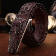 Crocodile Head Belt Men's Cowhide Crocodile Pattern Belt Casual Personality New Social Youth Smooth Buckle Belt - nâu sẫm - Xem 1