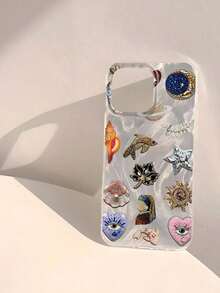 1 pieza Funda de teléfono transparente suave, brillante y lisa, con diseño de elementos de estrella de mar, sol, luna, hoja de arce, pez, corazón, impermeable, resistente a huellas dactilares y arañazos con tecnología IMD - Plateado - Ver 4