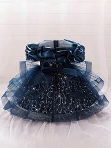 Baby Girls Sequin Mesh Cute Birthday Princess Dress, Suitable For Party, Celebration, Outing, Does Not Include Headband - Navy Blue - View 2