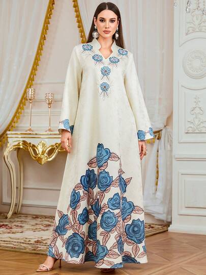 女士穆斯林长袍，优雅浪漫 V 领印花串珠长袍，伊斯兰全长长袍，适合度假、约会、休闲日常穿着