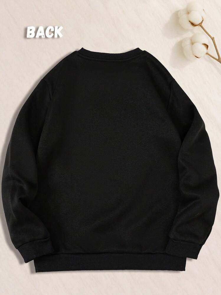 "Sweetheart, Don't Talk To Strangers" Pattern Sweatshirt, Boys' Autumn And Winter Crewneck Sweatshirt, Boys' Clothing, Fleece-Lined Long-Sleeve Sports Shirt, Casual Outdoor Sports Style, Comfortable, Soft, Breathable And Skin-Friendly, Fashionable And Versatile, A Crewneck Sweatshirt That Children Can Wear Alone. - 黑色 - 查看 3