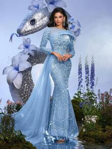 Elisanya 派对礼服香槟色亮片串珠长袖修身礼服适合晚宴、宴会、鸡尾酒会（大量装饰） - 淺藍色 - 查看 8