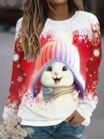 Damtröja med rund hals och lös passform, plusstorlek och juldekorationer