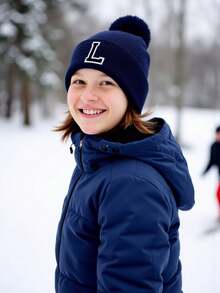 1pc Kids 26 Alphabet Print Knitted Hat, Warm Winter Daily Wear For Baby Girls - Navy Blue - View 2