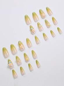 24片/盒 绿色渐变山茶花法式水滴美甲贴纸，包含1瓶果冻胶和1个指甲锉，适合女性和女孩使用。