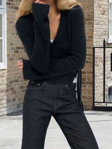 Women Tie Front Wrap Cardigan Solid V Neck Long Sleeve Crop Knit Sweater Casual Fall Clothes - 黑色 - 查看 4