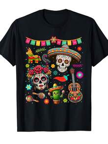 Camiseta Hombre Estampada 105% Algodón, Diseño de Día de los Muertos Especial, Suave y Duradera, Ideal para Gimnasia, Deportes, Pesca, Golf, Fiestas y Ropa Diaria, Gran Opción de Regalo​, Unisex - Negro - Ver 1