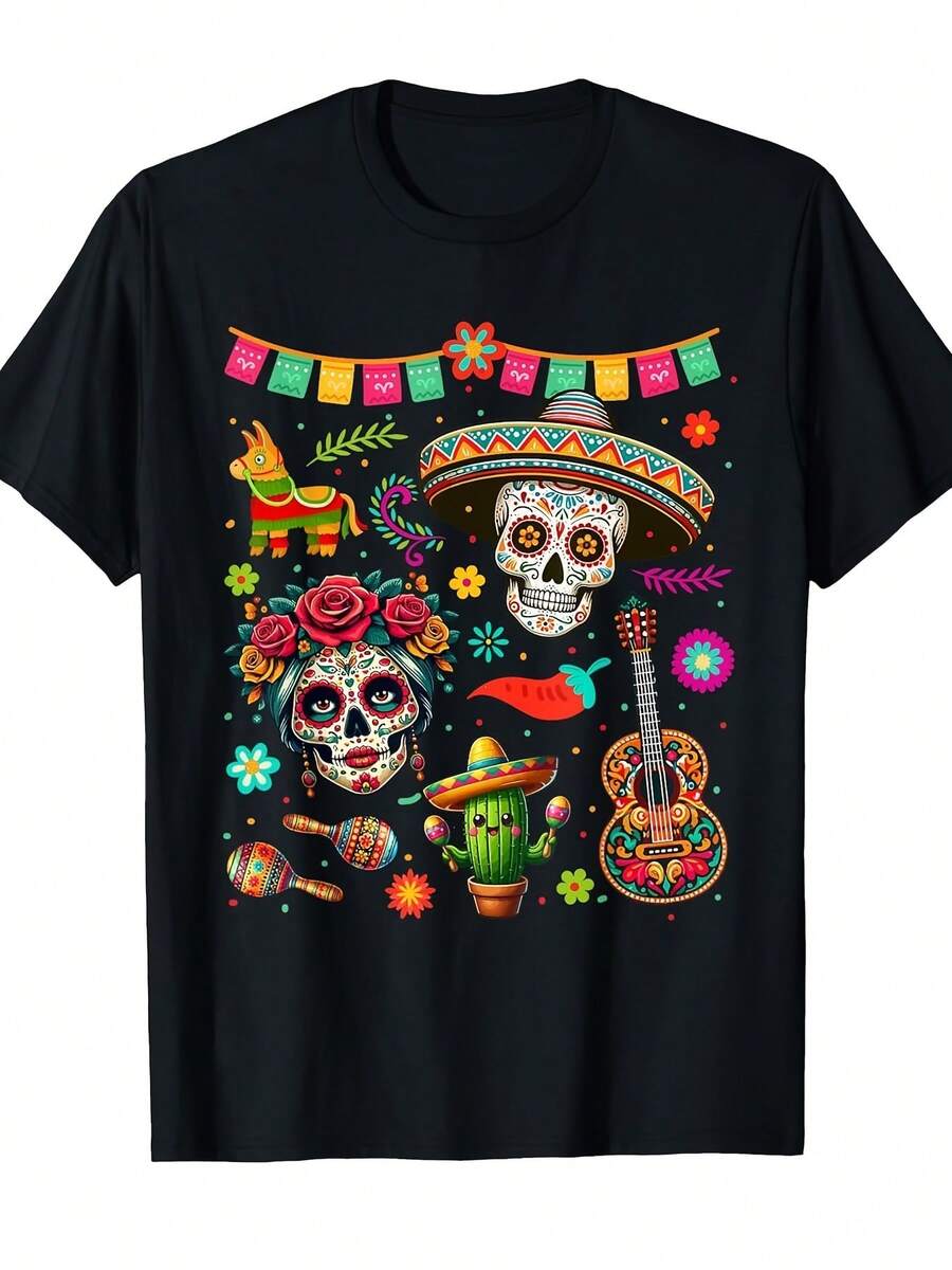 Camiseta Hombre Estampada 105% Algodón, Diseño de Día de los Muertos Especial, Suave y Duradera, Ideal para Gimnasia, Deportes, Pesca, Golf, Fiestas y Ropa Diaria, Gran Opción de Regalo​, Unisex - Negro - Ver 1