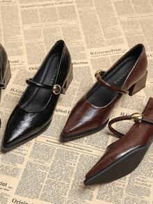 Wiosenne nowości z 2026 roku, buty z niskim cholewką i szpiczastym noskiem na wysokim obcasie, eleganckie, minimalistyczne i uniwersalne buty damskie, czarno-brązowe czółenka na grubym obcasie - Kawowy brązowy - Zobacz 6