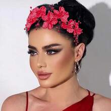 1 Stück Damen Rot & Blau Blumen Haarband, eleganter perlenbesetzter Braut Haarschmuck, handgefertigter Haarreif für Hochzeit, Verlobung, Party