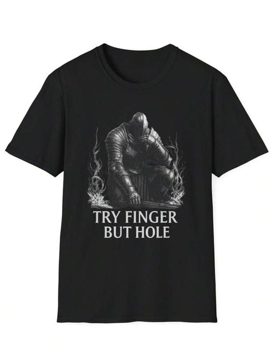 Dark Souls Knight Meme Shirt - Try Finger But Hole Graphic Tee- Funny Medieval Gamer Shirt-Retro Gam - màu đen - Xem 1
