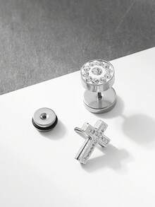 1 Pair Men's Hip Hop Fashion Rhinestone Stainless Steel Cross Geometric Stud Earrings, Suitable For Men's Daily, Party, Street, Nightclub, Punk Style Wear