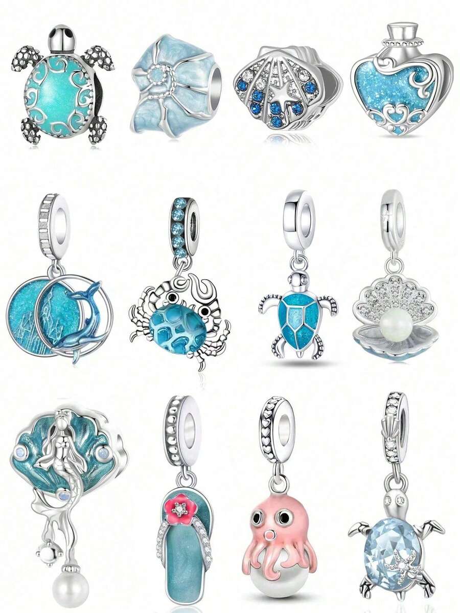 1 Pc Marine Series Pearl Shell & Conch & Turtle & Crab & Octopus & Mermaid & Dolphin & Drifter Bottle Beaded Pendant,Women DIY Bracelets And Necklaces Fine Jewelry Making Gifts Holiday Series Valentine's Day