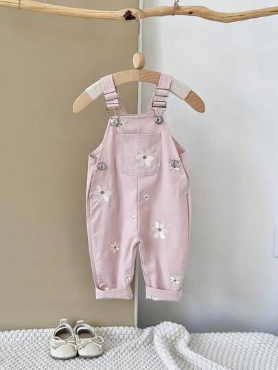 Baby Girls' Casual Allover Embroidered Floral Light Blue Suspender Pants, Summer