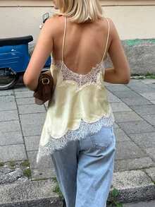 Women's Lace Trim Asymmetrical Camisole Spaghetti Strap V - Neck Satin Tank Top Casual Party Wear - Màu vàng - Xem 3