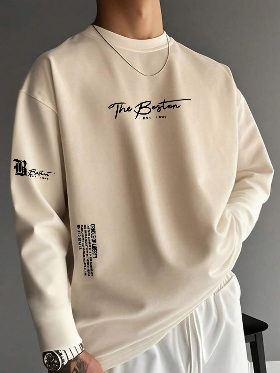 男士休闲印花圆领长袖T恤，时尚百搭，春秋季 - 杏色 - 查看 1