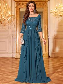 MIUSOL Sequin Floral Lace Boat Neck 3/4 Sleeve Chiffon Ruffle Trim Pleated Hem Formal Party Maxi Dress