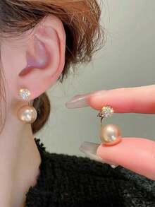 Topshiny 1 Pair Elegant Korean Champagne Pearl & Rhinestone Stud Earrings, Suitable For Daily Outfit And Party Accessories - Nhiều màu - Xem 5