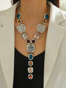 1 件复古夸张银仿宝石 Y 形流苏长项链，厚重珠宝搭配巴洛克风格奢华法式优雅几何金链项链配饰，适合女性日常、派对和活动 - 銀色 - 查看 5