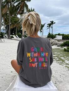 女童休闲彩色印花圆领长袖T恤，秋季学生少女装 - 这款色彩鲜艳的印花T恤一定会让孩子们笑容满面。“上帝在她里面，她必不跌倒”情人节服装 - 深灰色 - 查看 7