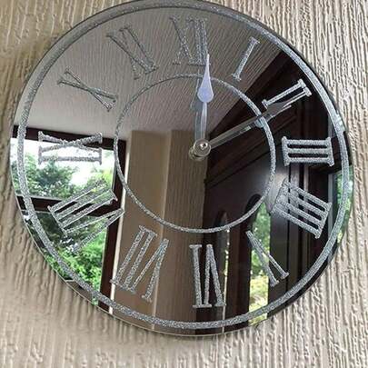 Biznest Round Silver Sparkle Glitter Mirrored Wall Clock Roman Number Glass Wall Clock New