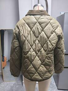 女式2025年翻领绗缝棉服外套，短款，时尚修身度假外套，冬季 - 軍綠色 - 查看 8