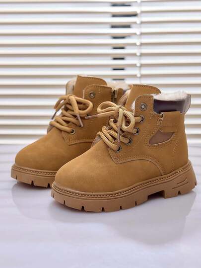 1 双儿童靴子，男童女童时尚靴子 2025 冬季新款保暖内衬英伦风格幼儿小童靴