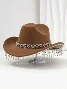 1PC Unique British Style Elegant Cowboy Hat For Men And Women, With Heart-Shaped Diamond Hat Chain, Tassel-Shaped Pendant, Bohemian Style Wide Top Hat, Colorful And Vibrant, Suitable For Western Theme Events, Role Play, Graduation, Graduation, Masquerade, Masquerade, Wedding, Celebration, Halloween Party