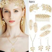 5件套希腊女神风格服装及配饰套装，包括树叶皇冠、发箍、手镯、耳环、新娘头饰、万圣节主题 - 彩色 - 查看 15