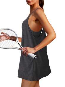 Women's Sleeveless Mini V-Neck Sundress With Spaghetti Straps, Athletic Short Dress With Pockets, Summer Casual Beach Dress For Travel, Dating, And Daily Wear  Holiday  Vacation    Casual - 深灰色 - 查看 2
