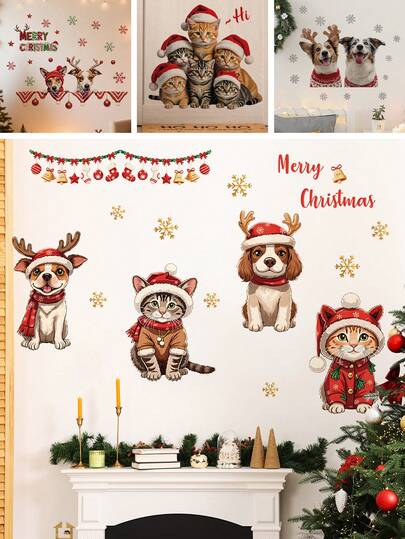 1 pieza Pegatinas de pared navideñas con animales lindos con gorros de Papá Noel, calcomanías de Feliz Navidad para la habitación de los niños, decoración de guardería, decoración festiva del hogar a prueba de agua y removible, tema de feliz invierno y regalos de Navidad y Halloween