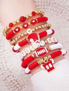 7/8Pcs Game Day Football Sports Themed Polymer Clay Beaded Bracelet Set - Stackable Red White & Red Black Team Spirit Bracelets For Women - Olives - View 10