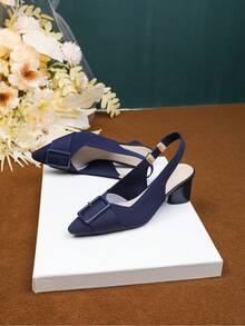 1 Pair Of Women's High-Heeled Sandals With Buckle Decoration, Pointed Toe, Light Opening, Solid Color Thick Heel, Casual Large Size, Breathable Fabric High Heels - 藍色 - 查看 5