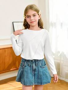 Kids Girls Long Sleeve Crewneck Tee Pleated Casual Top 5-14Y - trắng - Xem 2